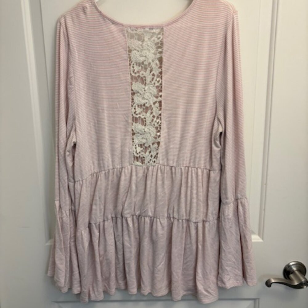 Pink & White Striped Peplum Tunic Top with Lace Detail - Picture 3 of 3